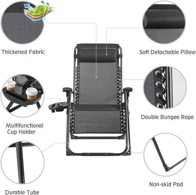 Alt view image 7 of 7 - 2PC Zero Gravity Chair Oversize Lounge Patio Heavy Duty Folding Recliner Black