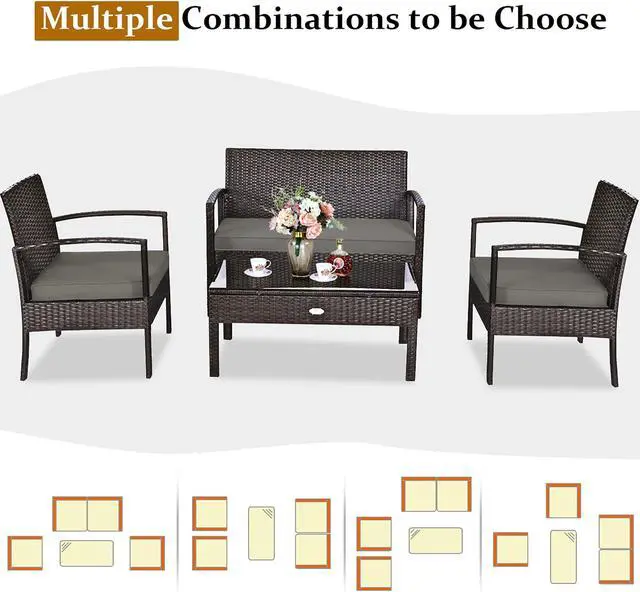 Alt view image 5 of 7 - Costway 4PCS Patio Rattan Wicker Furniture Set Loveseat Sofa Cushioned Garden Yard Brown