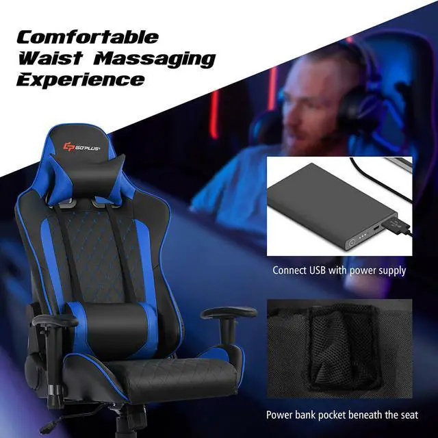 Alt view image 6 of 7 - Massage Gaming Chair Reclining Racing Chair w/Lumbar Support and Headrest Blue
