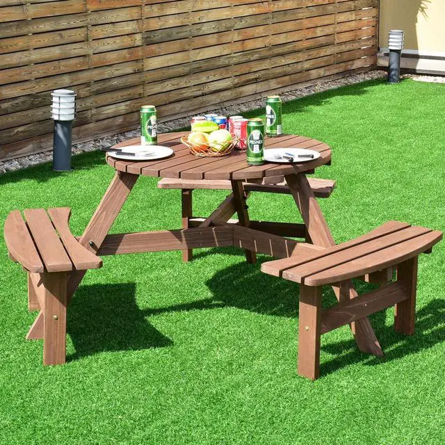 Alt view image 2 of 7 - Costway Patio 6 Person Outdoor Wood Picnic Table Beer Bench Set Pub Dining Seat Garden