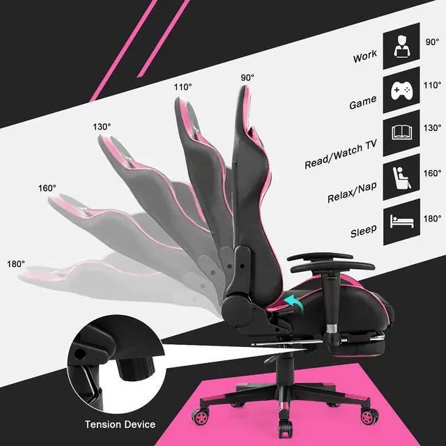 Alt view image 5 of 7 - Massage Gaming Chair Reclining Racing Chair w/Lumbar Support &Footrest Pink