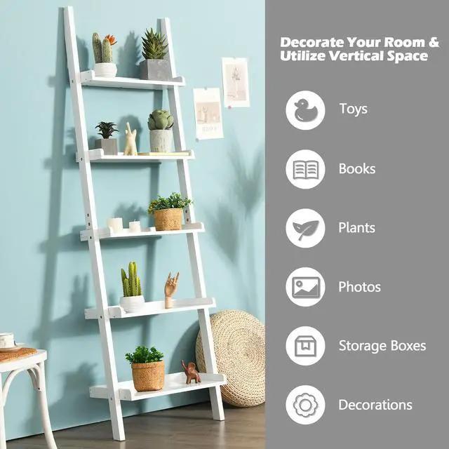 Alt view image 4 of 7 - Costway Versatile White 5-Tier Bookshelf Leaning Wall Shelf Ladder  Bookcase White