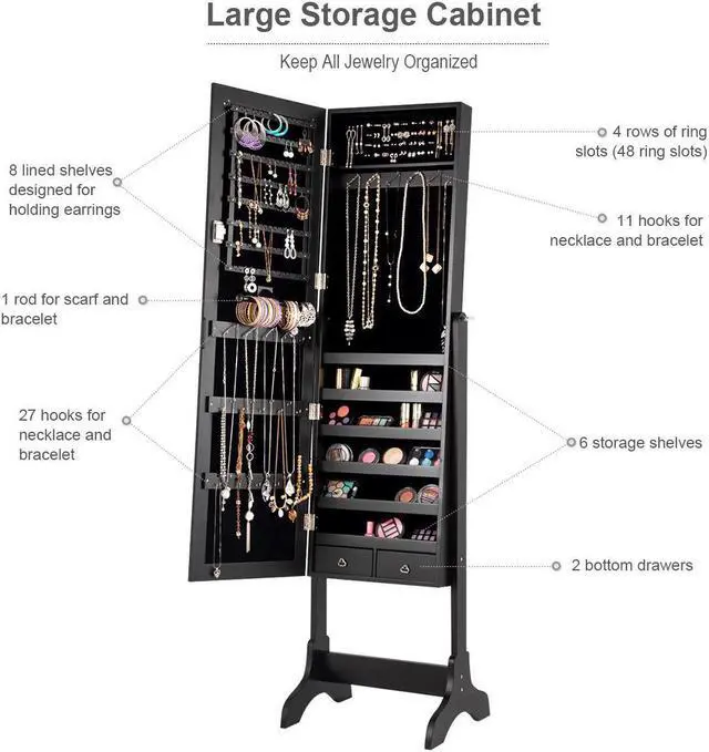Alt view image 6 of 7 - Costway Mirrored Jewelry Cabinet Storage Organizer Box Drawers Black