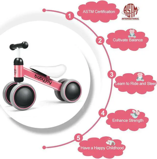 Alt view image 7 of 7 - Babyjoy 4 Wheels Baby Balance Bike Children Walker No-Pedal Toddler Toys Rides Pink