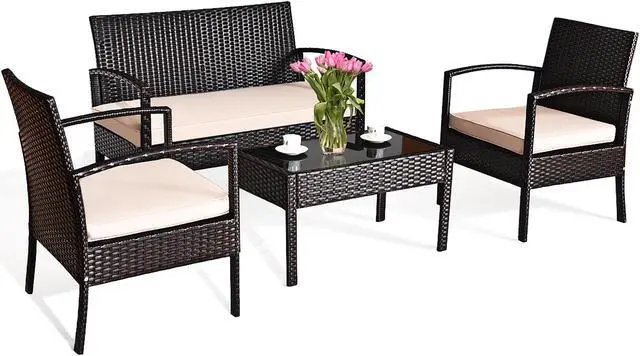 Alt view image 3 of 7 - Costway 4PCS Patio Rattan Conversation Furniture Set Cushioned Seat Glass Table