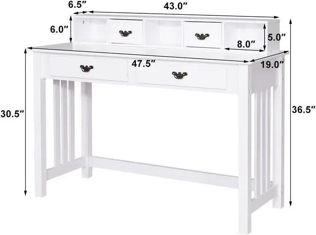 Alt view image 2 of 7 - Costway Writing Desk Mission White Home Office Computer Desk 4 Drawer White