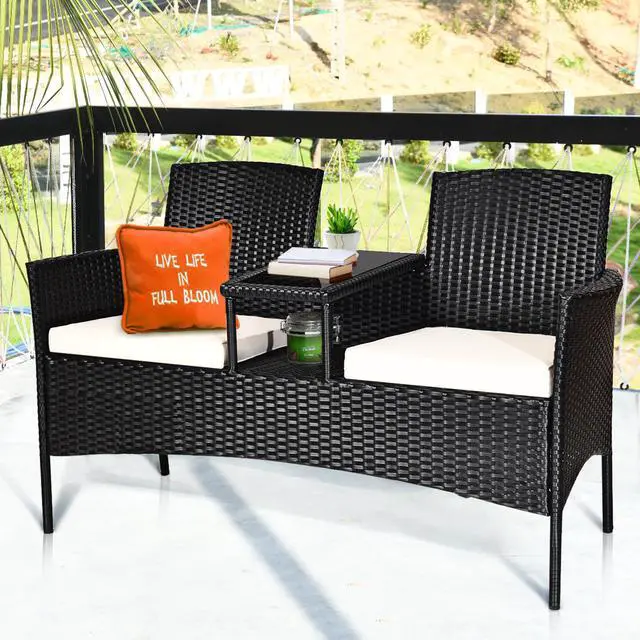 Main image of Costway Patio Rattan Conversation Set Seat Sofa Cushioned Loveseat Glass Table Chairs