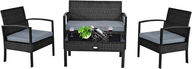 Alt view image 2 of 7 - 4 PCS Outdoor Patio Rattan Wicker Furniture Set Table Sofa Cushioned Deck Black