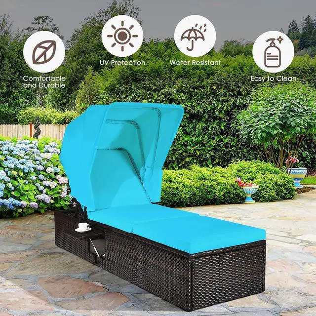 Alt view image 5 of 7 - Costway Patio Rattan Lounge Chair Chaise Cushioned Top Canopy Adjustable Turquoise