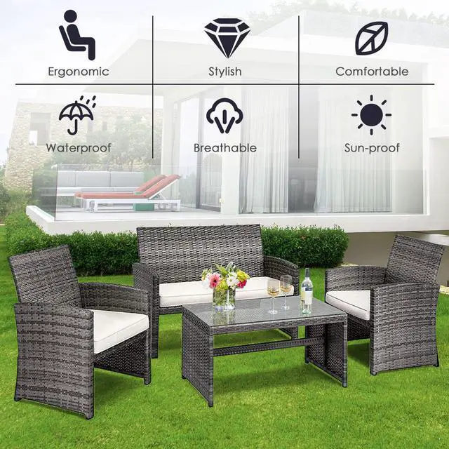 Alt view image 5 of 7 - Costway 8PCS Patio Rattan Furniture Set Conversation Glass Table Top Cushioned Sofa, White