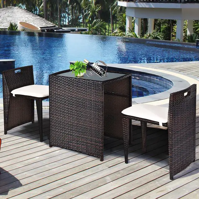 Alt view image 4 of 7 - Costway 3PCS Outdoor Patio Rattan Furniture Set Space Saving Garden Deck W/Cushion No Assembly
