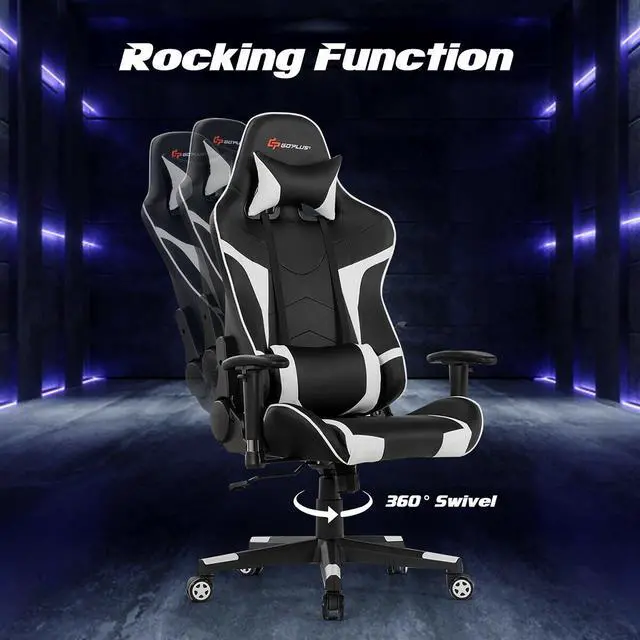 Alt view image 4 of 6 - Massage Gaming Chair Reclining Swivel Racing Office Chair w/Lumbar Support White