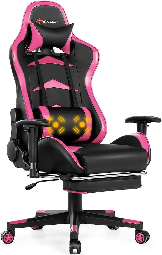Main image of Massage Gaming Chair Reclining Racing Chair w/Lumbar Support &Footrest Pink