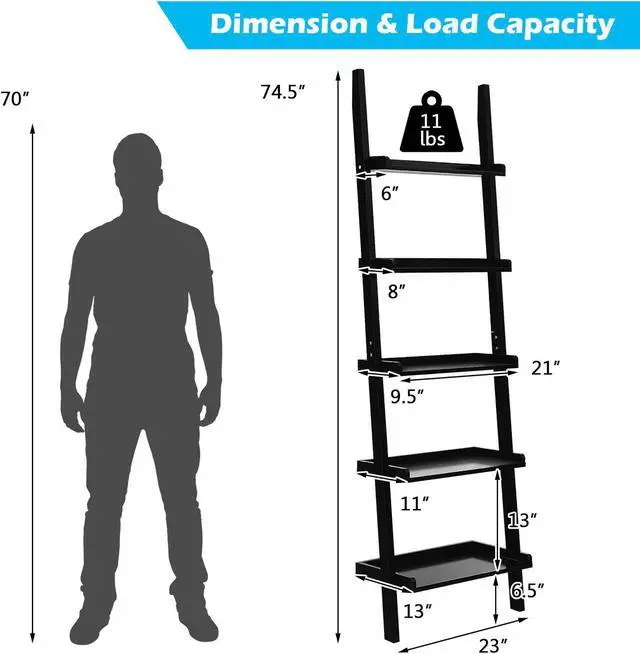 Alt view image 3 of 7 - Costway Ladder Shelf 5-Tier Plant Stand Wall-leaning Bookcase Display Rack Black