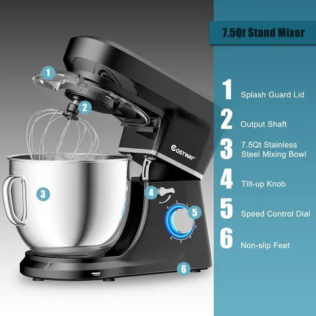 Alt view image 5 of 7 - Costway Tilt-Head Stand Mixer 7.5 Qt 6 Speed 660W with Dough Hook, Whisk & Beater Black