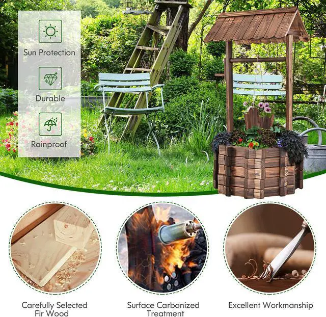 Alt view image 6 of 7 - Outdoor Wooden Wishing Well Bucket Flower Plants Planter Patio Garden Home Decor