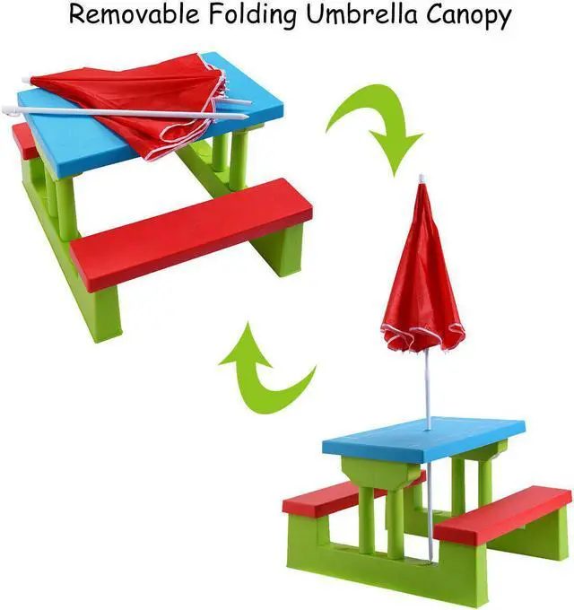 Alt view image 5 of 7 - 4 Seat Kids Picnic Table w/Umbrella Garden Yard Folding Children Bench Outdoor