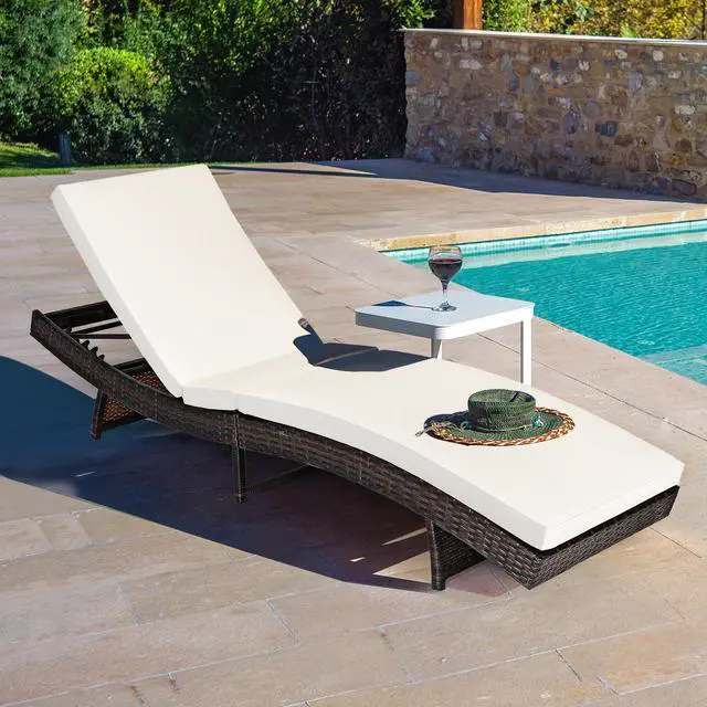 Alt view image 5 of 7 - Costway Adjustable Pool Chaise Lounge Chair Outdoor Patio Furniture PE Wicker W/Cushion