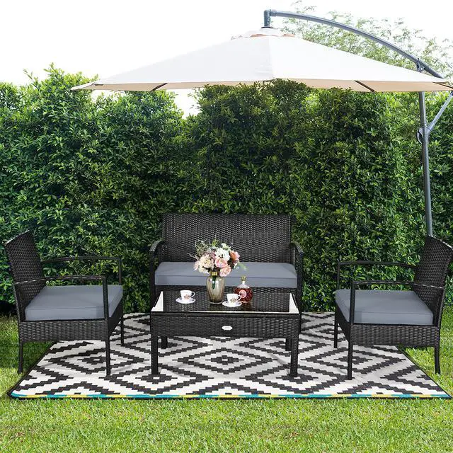 Alt view image 4 of 7 - 4 PCS Outdoor Patio Rattan Wicker Furniture Set Table Sofa Cushioned Deck Black