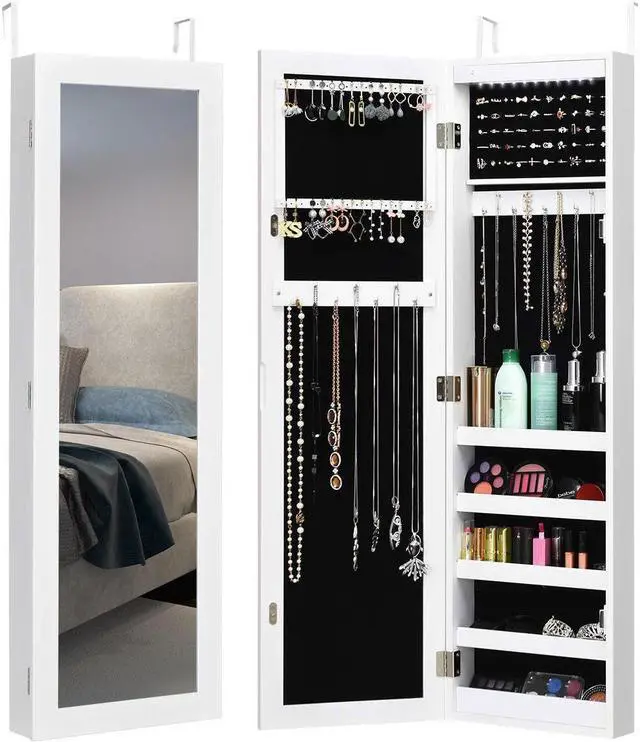 Main image of Costway Wall Door Mounted Mirrored Jewelry Cabinet Organizer Storage w/LED Light White