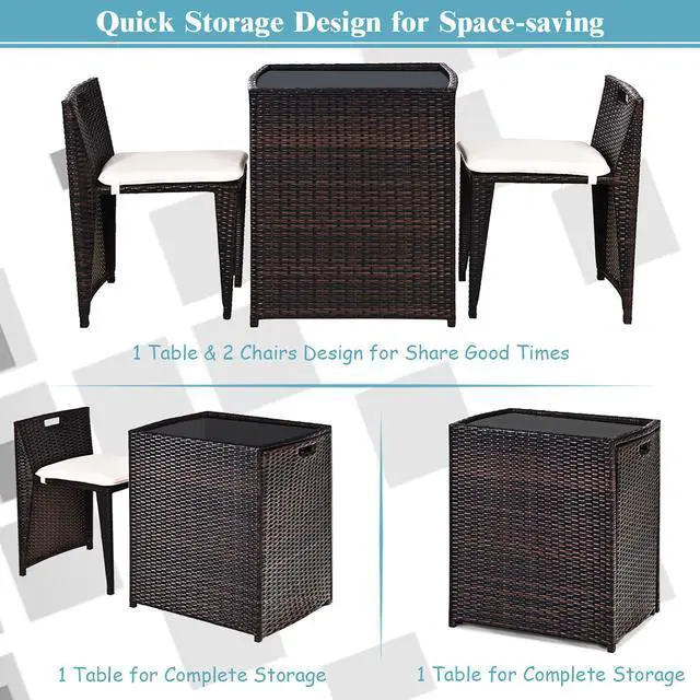 Alt view image 6 of 7 - Costway 3PCS Outdoor Patio Rattan Furniture Set Space Saving Garden Deck W/Cushion No Assembly