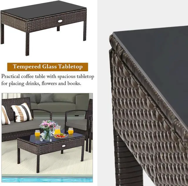 Alt view image 7 of 7 - Costway 4PCS Patio Rattan Wicker Furniture Set Loveseat Sofa Cushioned Garden Yard Brown