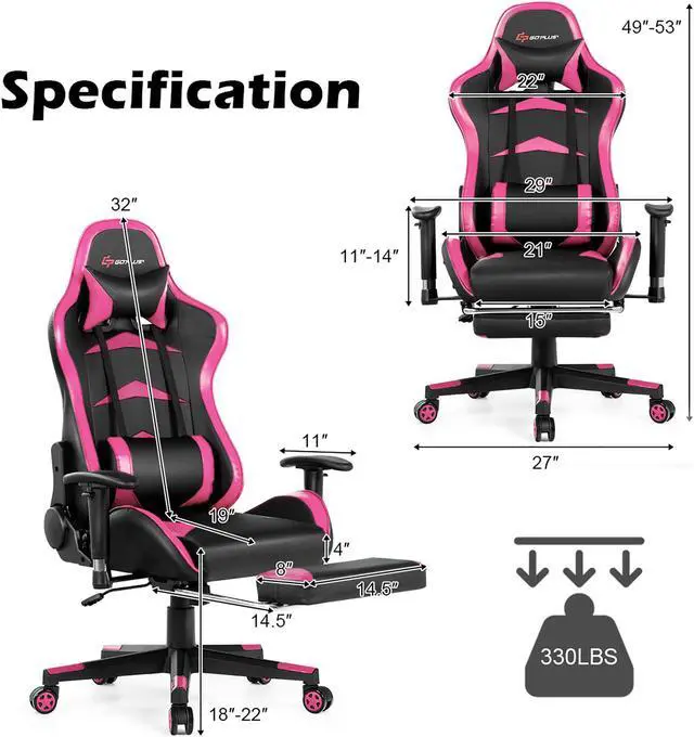 Alt view image 3 of 7 - Massage Gaming Chair Reclining Racing Chair w/Lumbar Support &Footrest Pink