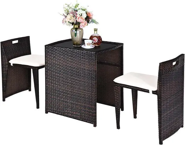 Alt view image 2 of 7 - Costway 3PCS Outdoor Patio Rattan Furniture Set Space Saving Garden Deck W/Cushion No Assembly