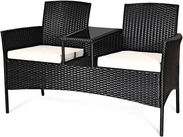 Alt view image 4 of 6 - Costway Patio Rattan Conversation Set Seat Sofa Cushioned Loveseat Glass Table Chairs