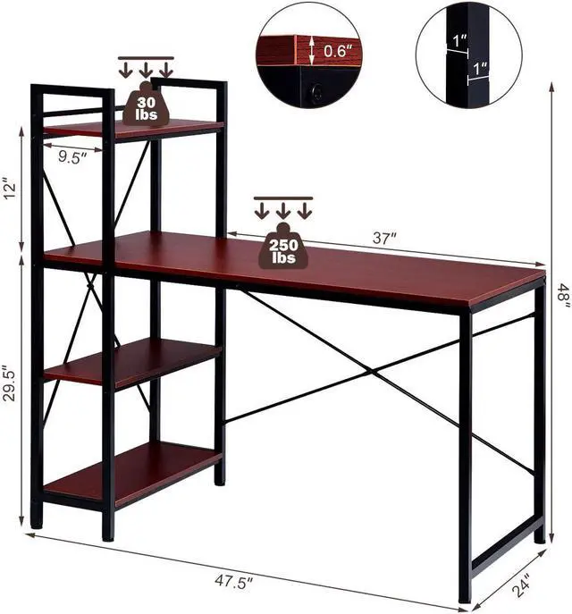Alt view image 3 of 7 - Costway 47.5'' Compact Computer Desk With 4-Tier Storage Bookshelves for Home Office Brown