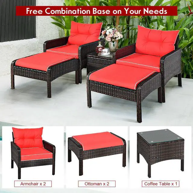 Alt view image 7 of 7 - Costway 5 PCS Patio Rattan Furniture Set Sofa Ottoman Table Cushioned Yard Red