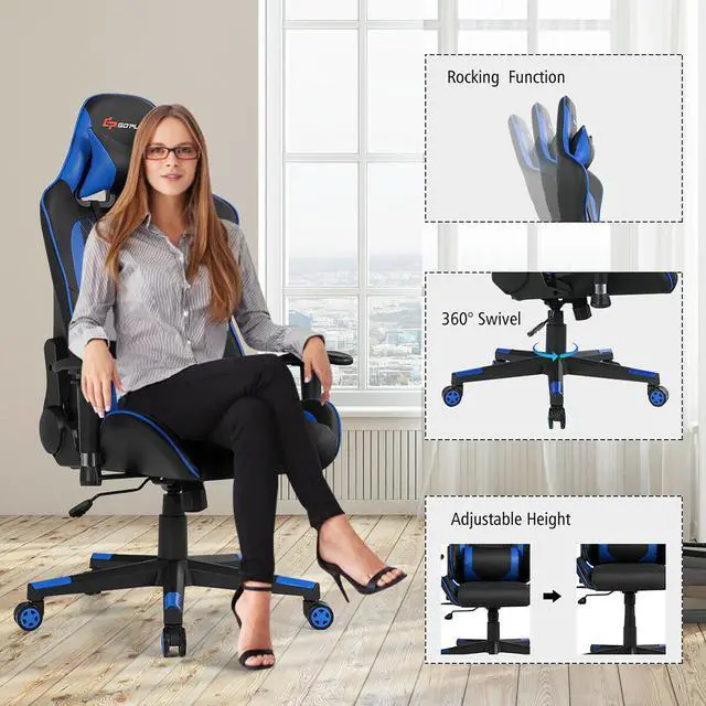 Alt view image 7 of 7 - Massage Gaming Chair Reclining Racing Chair w/Lumbar Support and Headrest Blue