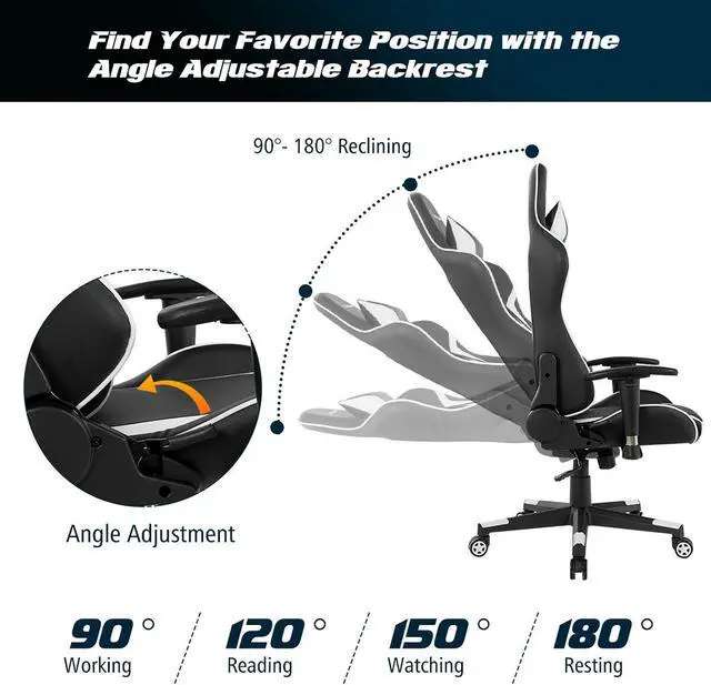 Alt view image 5 of 6 - Massage Gaming Chair Reclining Swivel Racing Office Chair w/Lumbar Support White