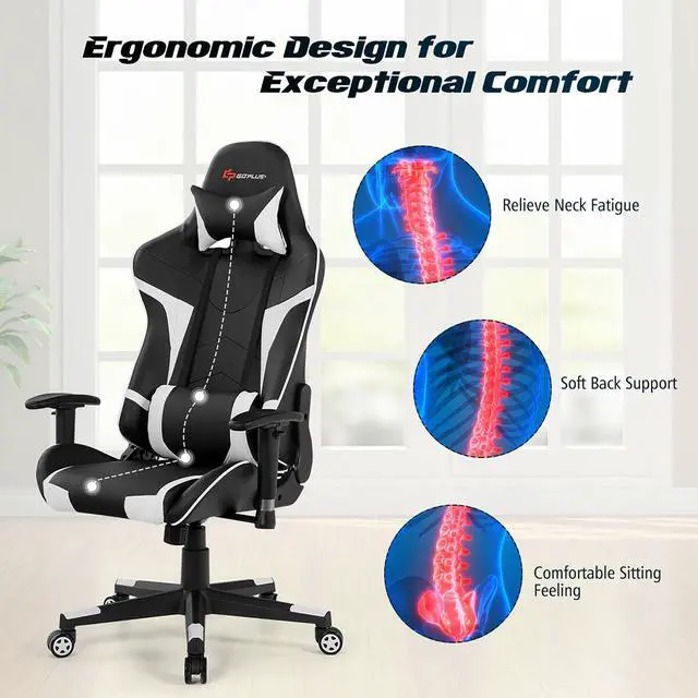 Alt view image 6 of 6 - Massage Gaming Chair Reclining Swivel Racing Office Chair w/Lumbar Support White