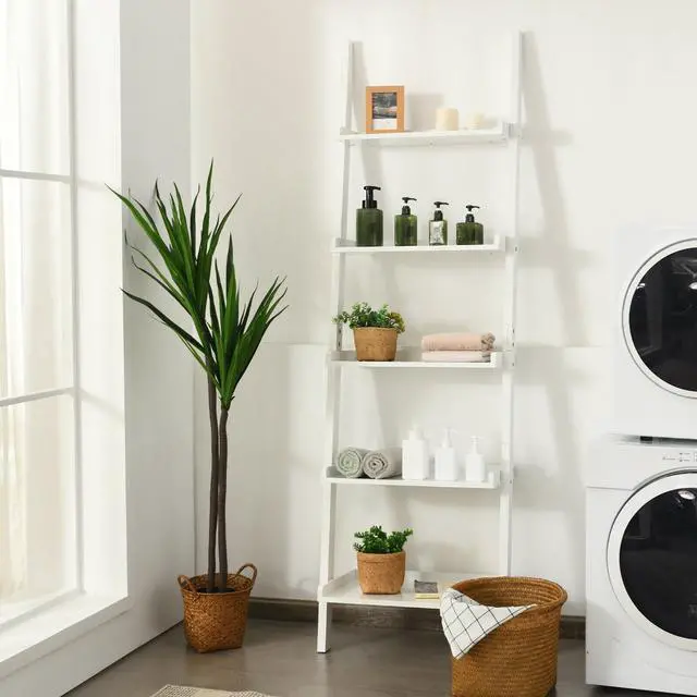 Alt view image 2 of 7 - Costway Versatile White 5-Tier Bookshelf Leaning Wall Shelf Ladder  Bookcase White