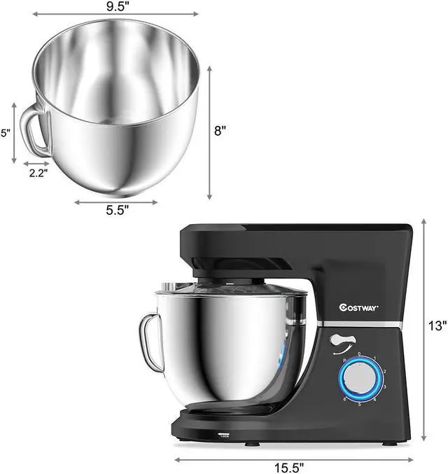 Alt view image 2 of 7 - Costway Tilt-Head Stand Mixer 7.5 Qt 6 Speed 660W with Dough Hook, Whisk & Beater Black