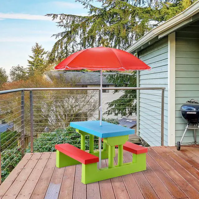 Alt view image 3 of 7 - 4 Seat Kids Picnic Table w/Umbrella Garden Yard Folding Children Bench Outdoor
