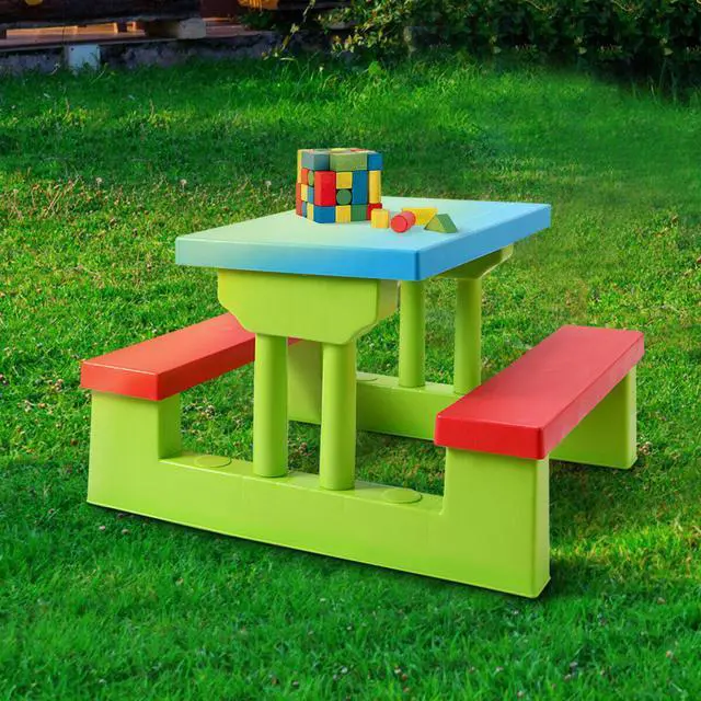 Alt view image 4 of 7 - 4 Seat Kids Picnic Table w/Umbrella Garden Yard Folding Children Bench Outdoor