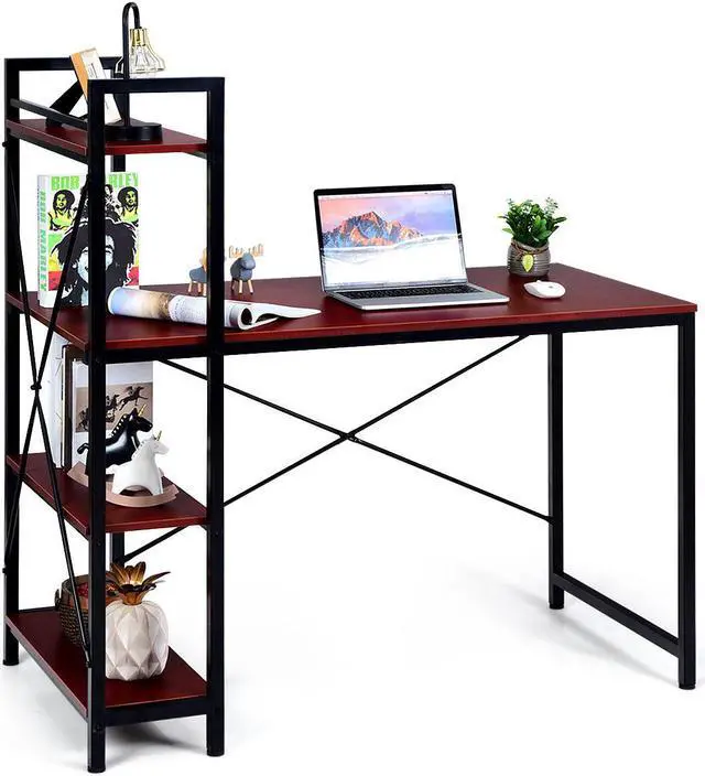Main image of Costway 47.5'' Compact Computer Desk With 4-Tier Storage Bookshelves for Home Office Brown