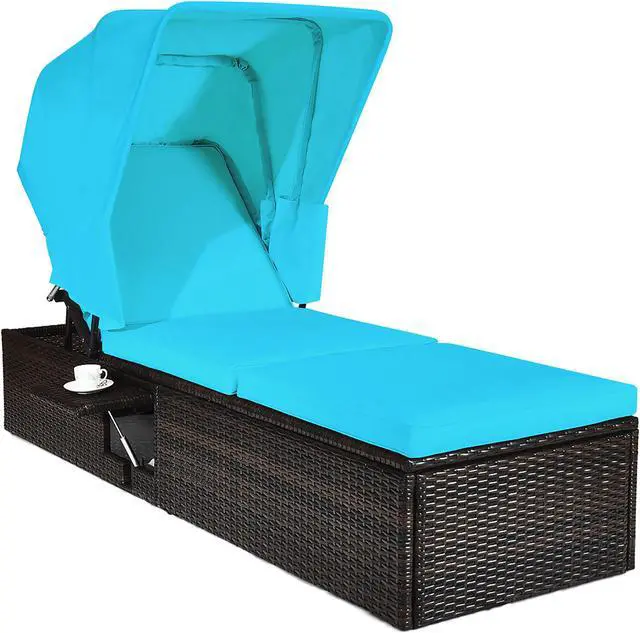 Alt view image 2 of 7 - Costway Patio Rattan Lounge Chair Chaise Cushioned Top Canopy Adjustable Turquoise