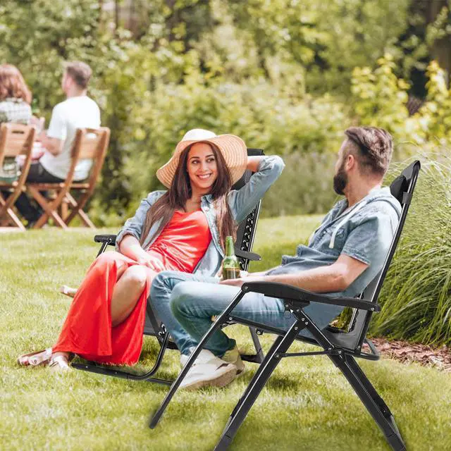 Alt view image 3 of 7 - 2PC Zero Gravity Chair Oversize Lounge Patio Heavy Duty Folding Recliner Black
