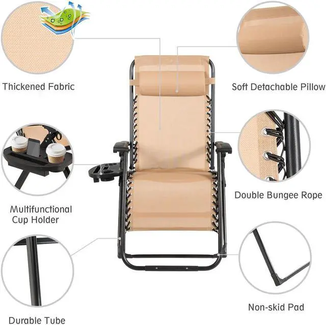 Alt view image 5 of 6 - Costway Zero Gravity Chair Oversize Lounge Chair Patio Heavy Duty Folding Recliner Beige
