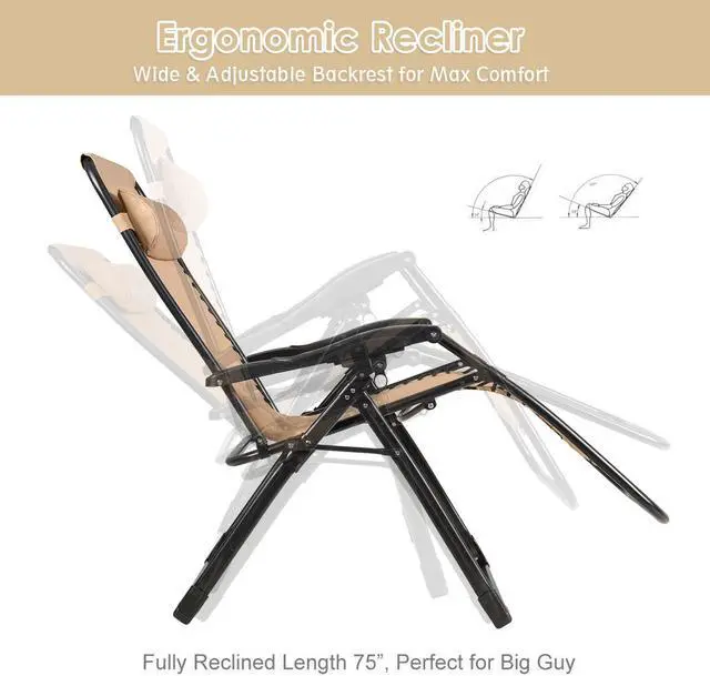 Alt view image 4 of 6 - Costway Zero Gravity Chair Oversize Lounge Chair Patio Heavy Duty Folding Recliner Beige