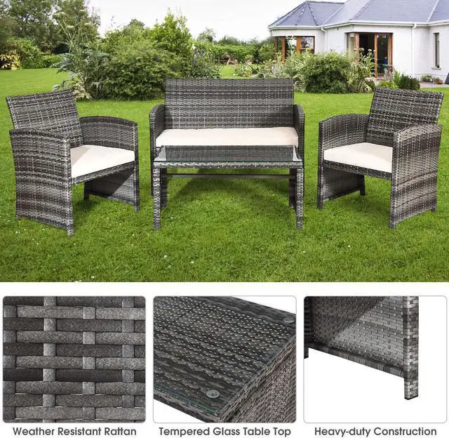 Alt view image 6 of 7 - Costway 8PCS Patio Rattan Furniture Set Conversation Glass Table Top Cushioned Sofa, White