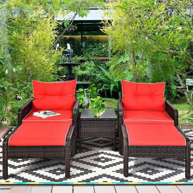 Alt view image 5 of 7 - Costway 5 PCS Patio Rattan Furniture Set Sofa Ottoman Table Cushioned Yard Red
