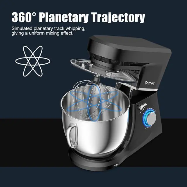 Alt view image 7 of 7 - Costway Tilt-Head Stand Mixer 7.5 Qt 6 Speed 660W with Dough Hook, Whisk & Beater Black