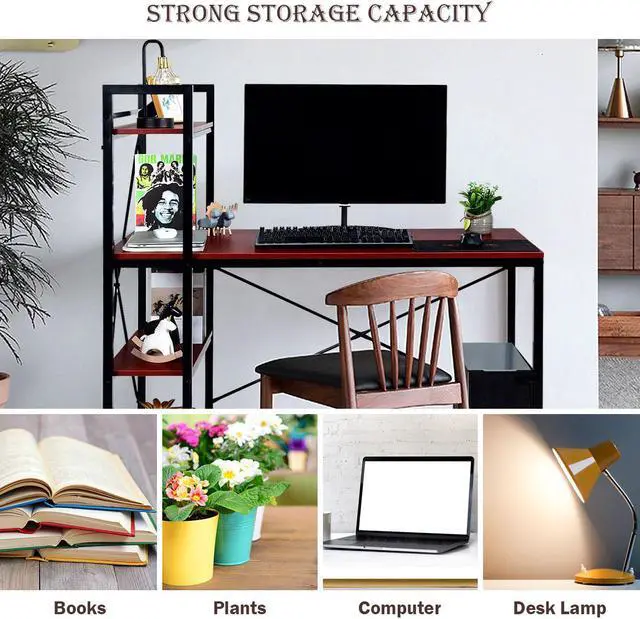 Alt view image 4 of 7 - Costway 47.5'' Compact Computer Desk With 4-Tier Storage Bookshelves for Home Office Brown