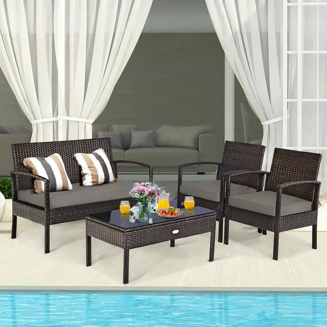 Main image of Costway 4PCS Patio Rattan Wicker Furniture Set Loveseat Sofa Cushioned Garden Yard Brown