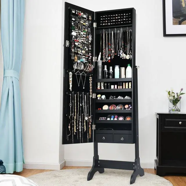 Alt view image 4 of 7 - Costway Mirrored Jewelry Cabinet Storage Organizer Box Drawers Black