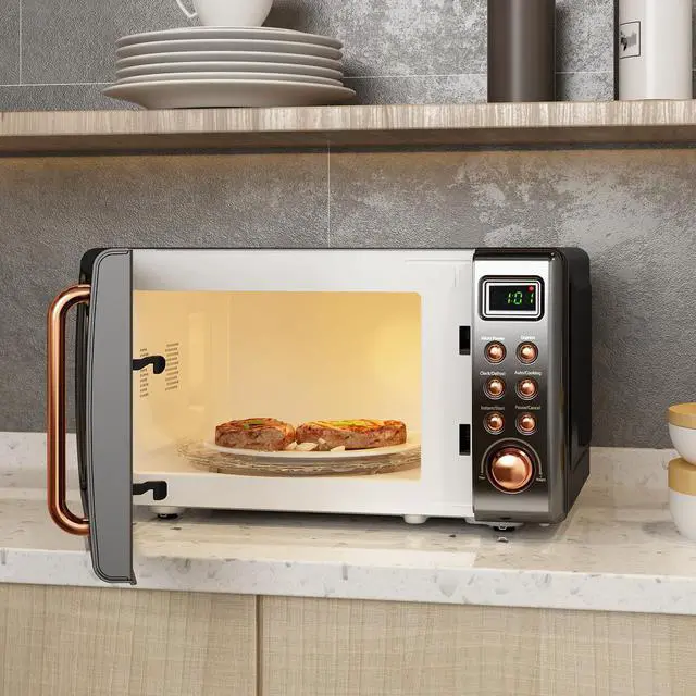 Alt view image 3 of 7 - Costway 0.7Cu.ft Retro Countertop Microwave Oven 700W LED Display Glass Turntable Rose Gold